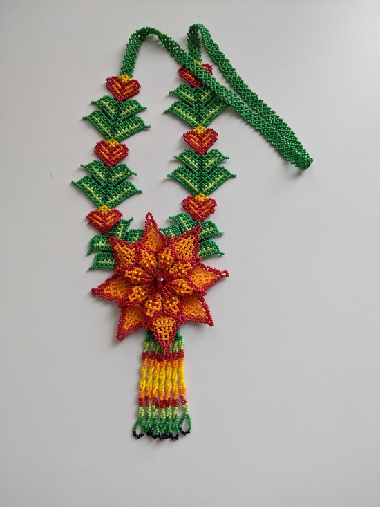 Handmade Jewelry - Handmade Green Beaded Necklace with Orange & Red Floral Pendant